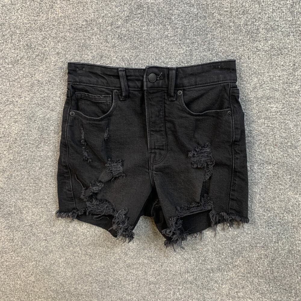 Good American Shorts Women 00 Black Denim Bombshell Distressed Button Fly Pocket - Picture 2 of 11